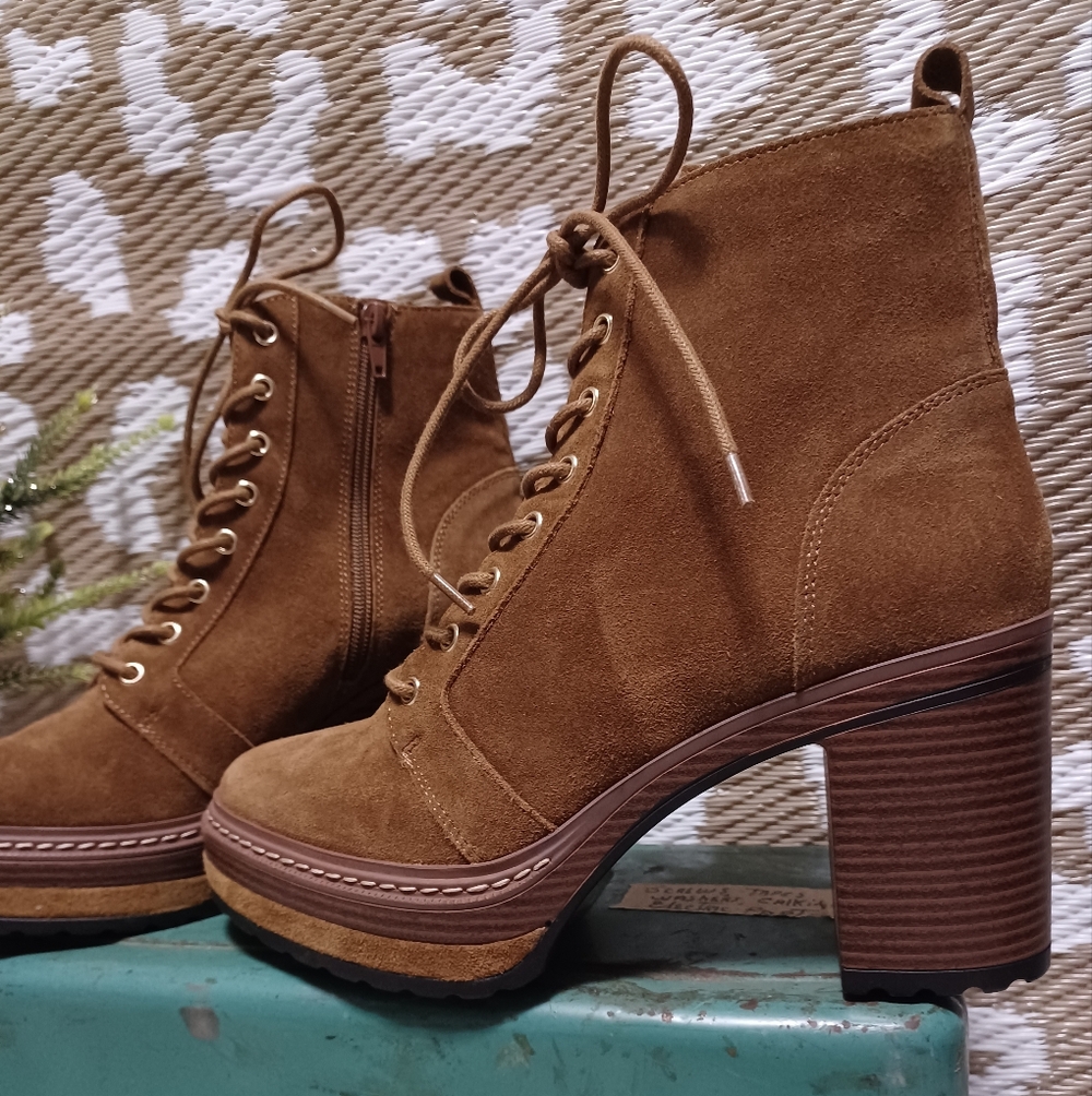 Suede Lace-Up Platform Ankle Boots in Brown